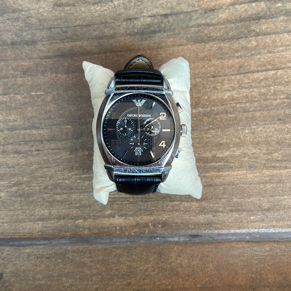 Armani Exchange Mens Silver and Black Leather Chronograph watch
